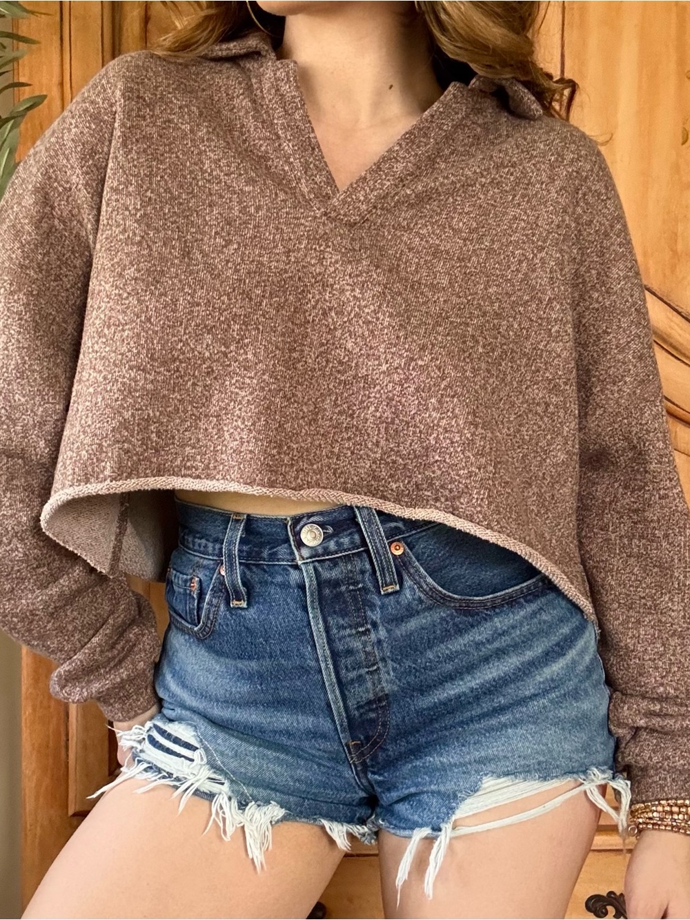 Cropped V-Neck Sweater Hoodie - Brown